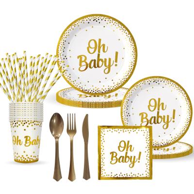 China LHD Baby Paper Birthday Party Set Paper Cups Paper Plate Knife and Fork Party Decoration Baby Shower Disposable Bronzing Tableware Oh for sale