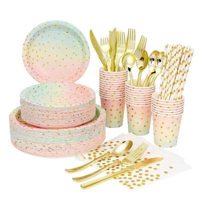 China Paper Napkin Straw Disposable Tableware Set Bronzing Dot Colorful LHD Birthday Party Banquet Paper Plate Cup Collection for sale