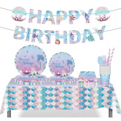 China LHD Promotional Tablecloth Latest Kids Paper Birthday Plates Cups Dinner Set Tableware Sets Mermaid Party Supplies for sale