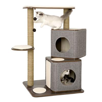 China OEM Cat Tree House 3 Row Wooden Cat Toy Scratching Post Indoor New Cats Pet Products for sale