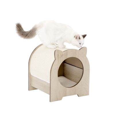 China Fashion Cat Shape Box Bed Wooden 2021 Cat Furniture Cat Scratcher House with the big sisal mat for sale