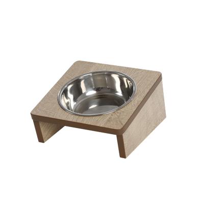 China Cats Quality Easy To Clean Bowl Wood Frame Pet Bowl Stainless Cat Bowl Raised Wooden Cat Feeder for sale