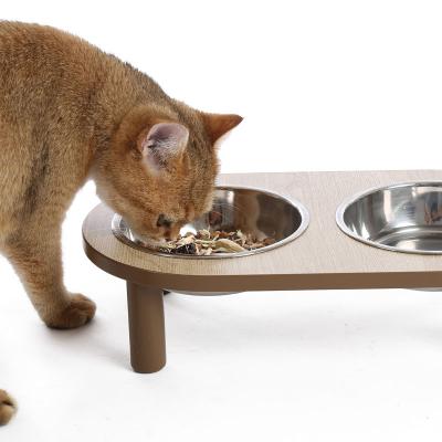 China Stainless Cat Wood Dog Cats Double Amount Holder Bowls Pet Dining Table Cat Feeder Bowl for sale