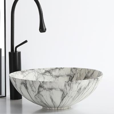 China Cheap Price Modern Ceramic Stone Effect Sink Marble Bathroom Sink Set With Drainer And Black Faucet for sale