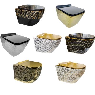 China High Quality Royal Luxury Style White Gold Bathroom Hidden Cistern Black Ceramic Wall Hung Toilet for sale