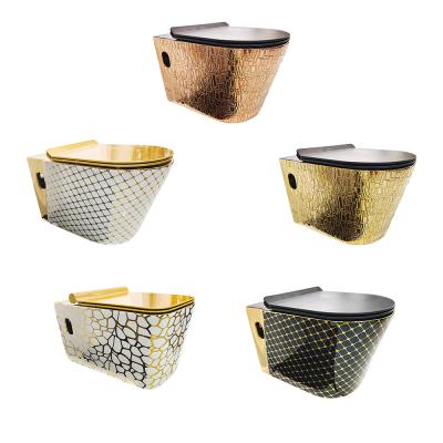 China Luxury Style Clad Bathroom Hidden Toilet Cistern Black White Mounted Gold Full Size Ceramic Wall Hung Toilet for sale