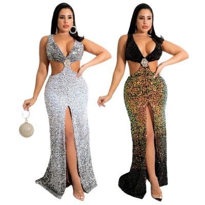 China Breathable Club Dresses Long Sequined High Fashion Evening Party V Neck Long Slit Casual Dresses Ladies for sale