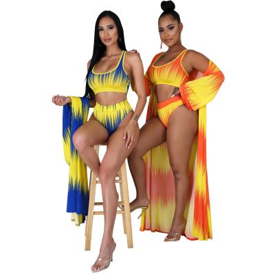 China Breathable Women Hot Bikini 3pcs Bandage Swimwear With Cover Up Floral Print Mature Beach Wear Set Suit for sale