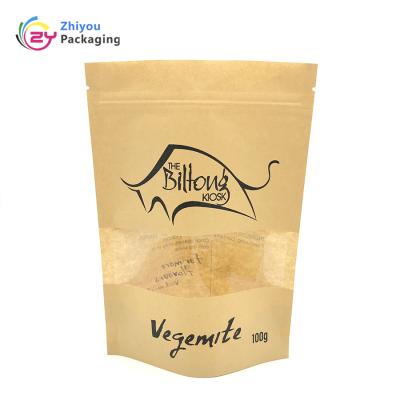 China Recyclable Custom Printed Beef Jerky Kraft Paper Packaging Bag With Clear Window for sale