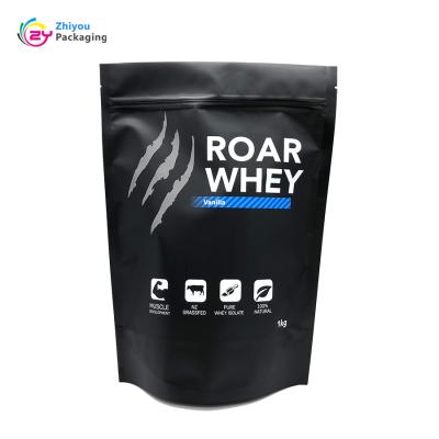 China Black Printing Food Matte 1kg Stand Up Zipper Bag For Whey Protein Powder Packaging for sale