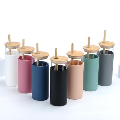 China Wholesale Viable Glass Water Bottle Straw Silicone Protective Sleeve Water Tumbler 500ml Bamboo Lid BPA Free for sale