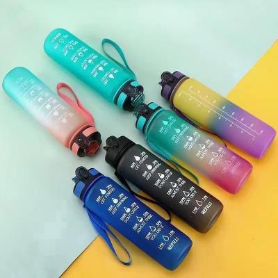 China Frosted Tritan Plastic Bottle custom logo viable 1 liter 32 oz motivational water bottle with time marker reminder for sale