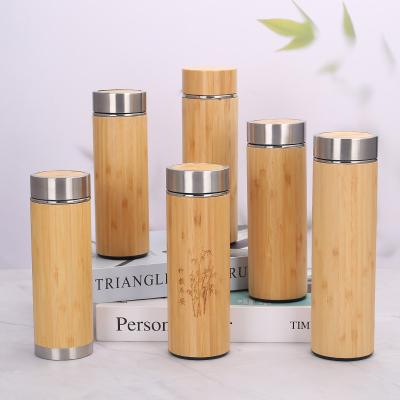 China Wholesale 500ml Sustainable Double Wall Insulated Vacuum Stainless Steel Bamboo Water Bottle With Custom Logo for sale