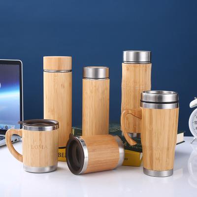 China 500ml Viable Keep Hot Cold Inner Bamboo Water Bottle Vacuum Flask Stainless Steel Bamboo Water Bottle With Handle Bamboo Lid for sale