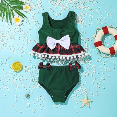 China Summer New Design Breathable Kids Boutique Baby Soft Cute Bow Plaid Toddler Slit Green Cute Swimming Swimsuit Custom Made for sale