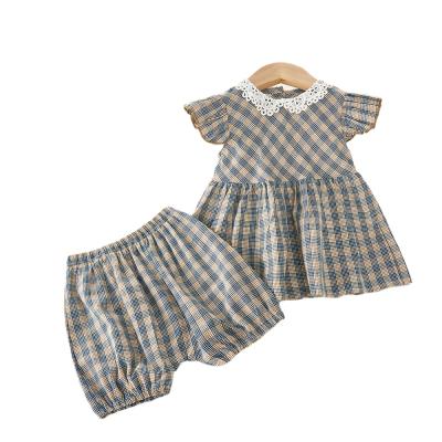 China Breathable Soft Embroidery Summer Baby Toddler Short Sleeve Vintage Plaid Plaid Dress+Shorts Set for sale