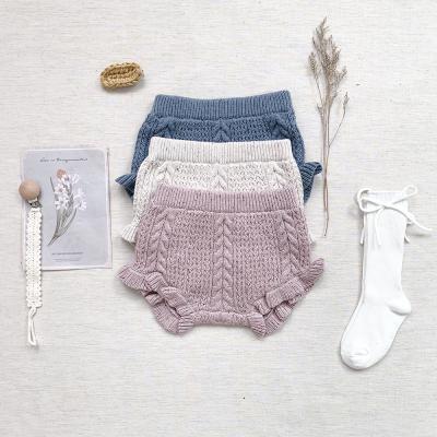 China Autumn Winter Vintage Knitted Infant Bloomers Fade Proof Soft Breathable Baby Color Ruffles Girls Abbreviations Lace Up Edge Pants For Kids for sale