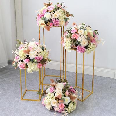 China Rectangle Gold Metal Wedding Flower Vase Eco-friendly Flower Stand For Wedding Party Table Centerpiece Road Led for sale