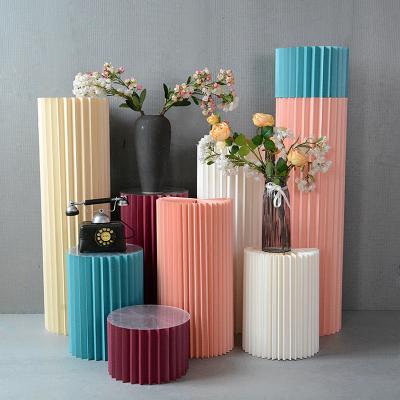 China Colorful Folding Wedding Display Birthday Party Props Roman Column Road Guide Ornaments Paper Wedding Dessert Table Acrylic Paper Lids for sale