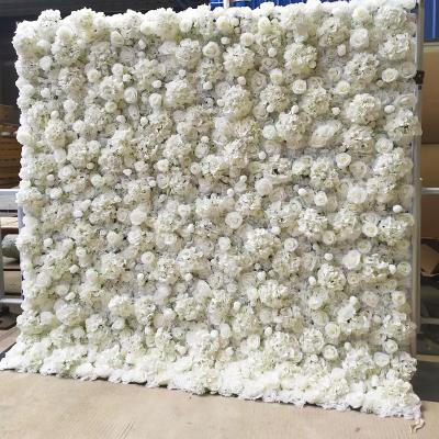 China Wedding Flowerwall 5D 3D Custom White Roll Up Artificial Silk Wall Rose Flower Panel Backdrop Fabric Flower Wall Wedding Decor for sale