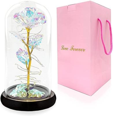 China Forever Mothers Day Colorful Artificial Galaxy Rose Flower in Glass Dome with LED Light, Gift for Wife Mother Friend Birthday for sale