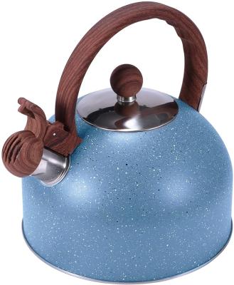 China 2.3 Quart / 2.5 Liter Stainless Steel Tea Kettle Food Grade Stovetops Stocked Teapot with Wooden Pattern Handle Whistling Tea Kettle for sale