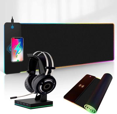 China Durable New Arrival Large 800*300*4mm 10W QI Wireless Charger Mousepad Gaming Stand Set RGB Gaming Mousepad Headset Holder Set for sale