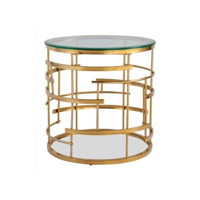 China Popular modern unique style stainless steel tempered glass top living room gold round side table metal lamps for sale