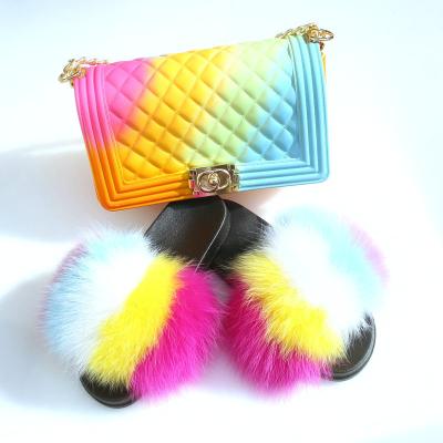 China Wholesale indoor home outdoor beach fashion candy color jelly purse and fur fluffy slippers fox collection new for women for sale