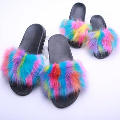 China Wholesale Women's Fashion Raccoon Indoor Home Outdoor Beach Fur Slides Soft Fox Fur Sandals Slides Colorful Women Fur Slippers Slides for sale