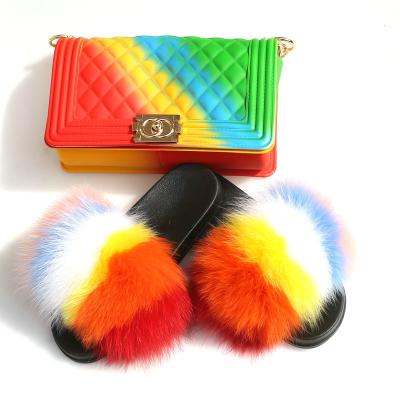 China 2021 Set Two Piece Newcomer Beach Jelly Purses Indoor Outdoor Home Rainbow Color Matching Real Fur Slides For Women Ready To Ship for sale