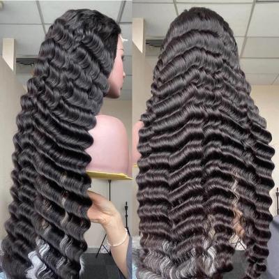 China Deep Wave 4*4 Lace Frontal Wig 180% Density Transparent Deep Wave Quality Remy Hair Pre-Plucked Baby Hairline 10-30 Inches for sale