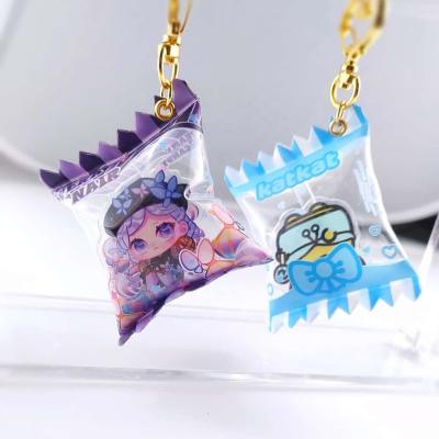 China DAQIDONG Plastic NO MOQ Printing Anime Inflatable Candy Acrylic Key Chain Charms With Gold Glitter Epoxy Hologram for sale