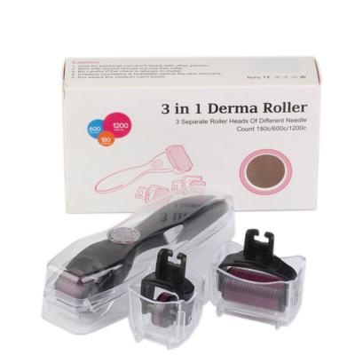 China Newest Cellulite Reduction Derma Roller 3 in 1 Dermaroller with 3 Separate Roller Heads Different Needle Count 180c/600c/1200c for Eye+Face+Body for sale