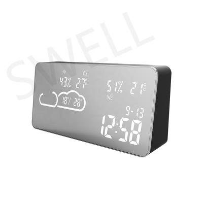 China Best style antique selling smart home wood design wireless wifi weather station clock with mirror surface for sale