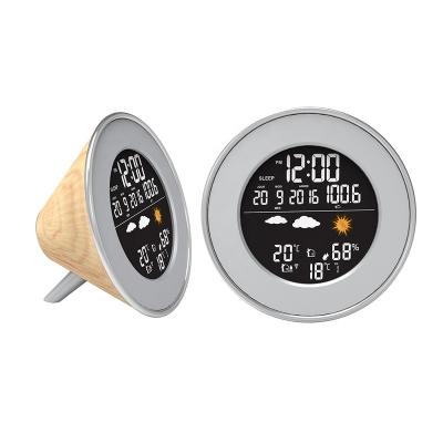 China Sizes Wooden Mini Lcd Digital Thermometer Hygrometer Alarm Diffuser Sound Clock for sale