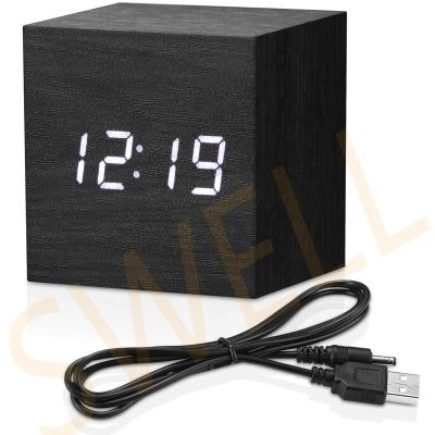 China Minimalist Wooden Mini Antique Style Alarm Clock Digital LED Light Cube with Date and Temperature for Travel Kids Bedroom for sale