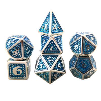 China Fashionable Classic Dragon Style Silver Blue Polyhedral DND Metal Carve Set For RPG MTG Role Playing D&D Game Math Table Games for sale