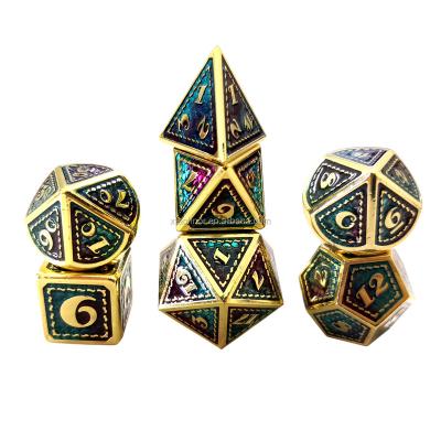 China Fashionable Metal RPG Role Playing Game Dies Set 7 Pieces D4 D6 D8 D10 D12 D20 D00 DND Custom Die Cuts Number Dragon Style Purple Blue Gold for sale