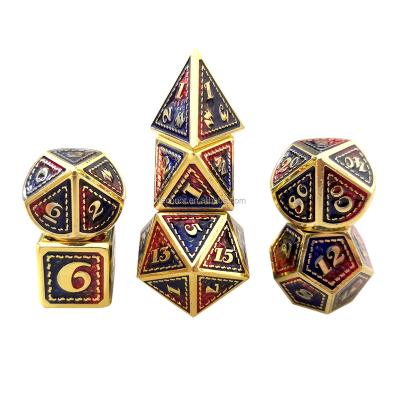 China Fashionable D&D Metal Solid Dies Set Dragon Style Red Blue Design DIY Gold Font Polyhedral Dies For Adult Dragons Dungeons And Board Games for sale