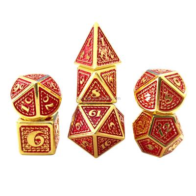 China Fashionable Metal DND RPG Polyhedral Die Sets 7 Piece Shiny Antique Gold Dragon Design For Board Game DND Toy Dungeons And Red Dragons for sale