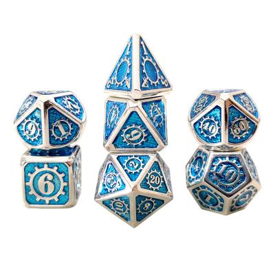 China Fashionable Solid Mechanical Style Metal Shiny Silver Dice With Polyhedron Blue Game Die Cuts Toy For RPG MTG Role Playing And Tabletop Game for sale