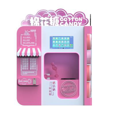 China Hotel Subway Station Shopping Mall CE FDA Certified Commercial Smart Pink Sugar Cotton Candy Vending Machine Touch Screen Candy Floss Machine With Wheels for sale