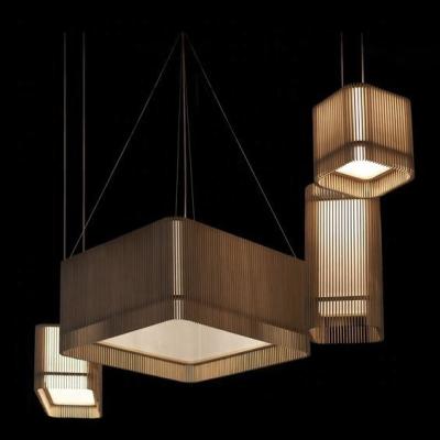 China Contemporary Project Lighting Decorative Ceiling Lamp Hotel Lobby Lamp Led Light Source Wooden Shade Pendant Square Cube for sale