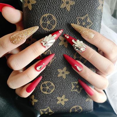 China Application Effect 24pcs/box Luxury Red France False Nail Stiletto Press On Nails Long for sale