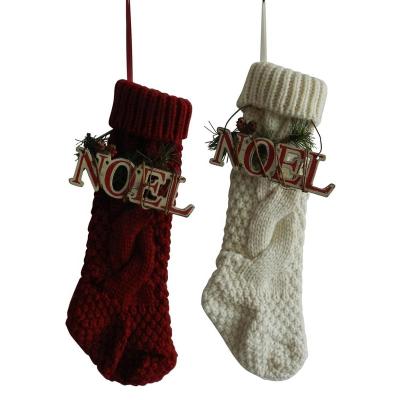 China Burgundy Cotton and Ivory White 14 Inch Christmas Tree Knit Stocking Christmas Gift Bag with NOEL Sign Vintage Wooden Hanging Decor for sale