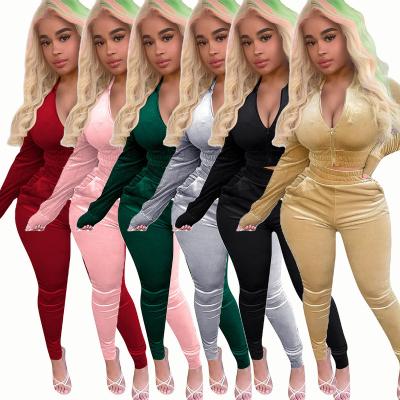 China 2021 Casual QUICK DRY Solid Color Suit Women Gold Velvet Sportswear Drop Pocket Long Sleeve Pants for sale