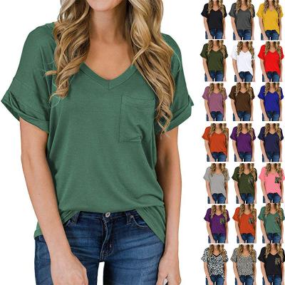 China Custom Women Short Sleeve Basic Logo T-shirt Summer Casual Anti-wrinkle V-neck Solid Color Top for sale