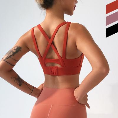 China Breathable Double Shoulder Straps Cross Solid Color Fitness Sports High Intensity Running Bra Integrated Yoga Shockproof Underwear for sale