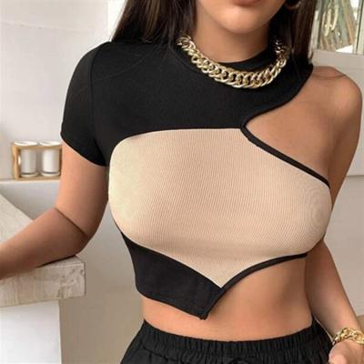 China Anti-Wrinkle One-Shoulder Contrast Sexy Short Sleeve Tops Women's Fashionable Color Vertical Threaded Slim Diet T-Shirt for sale